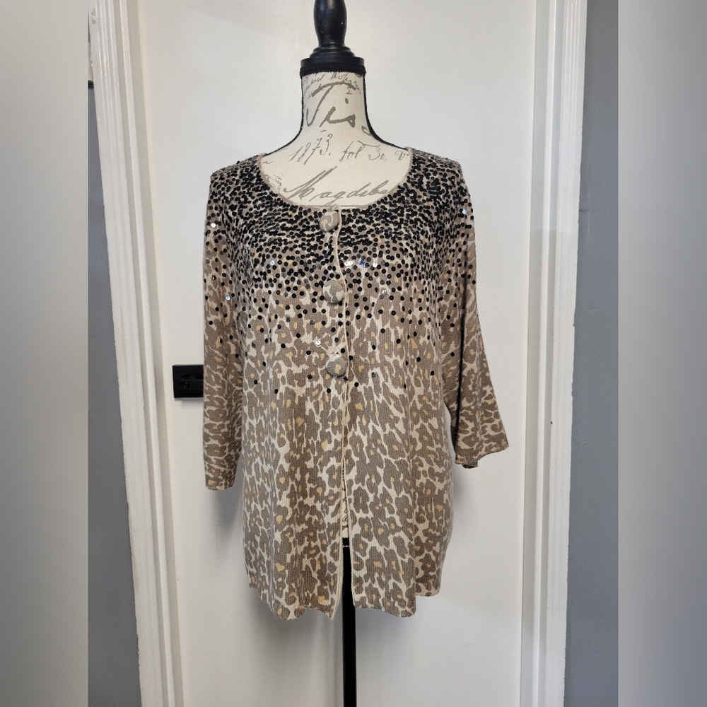 Chico's Animal Print Sequins Embellished Knit Sweater Cardigan Size XL